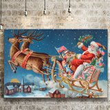Deer Christmas Sledge Santa Claus Holidays Xmas Canvas Prints Wall Art - Painting Canvas, Home Wall Decor, For Sale, Canvas Gift