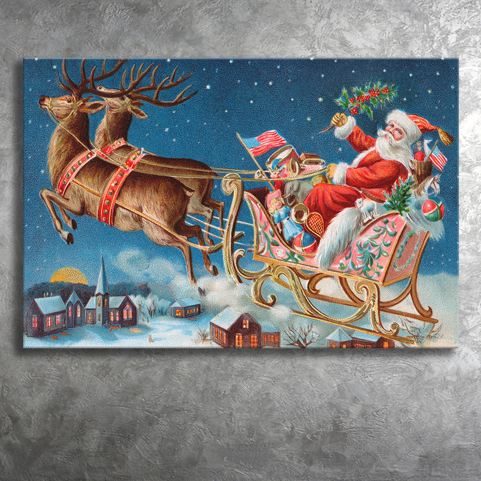 Deer Christmas Sledge Santa Claus Holidays Xmas Canvas Prints Wall Art - Painting Canvas, Home Wall Decor, For Sale, Canvas Gift