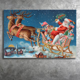 Deer Christmas Sledge Santa Claus Holidays Xmas Canvas Prints Wall Art - Painting Canvas, Home Wall Decor, For Sale, Canvas Gift