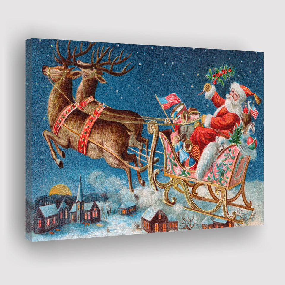 Deer Christmas Sledge Santa Claus Holidays Xmas Canvas Prints Wall Art - Painting Canvas, Home Wall Decor, For Sale, Canvas Gift