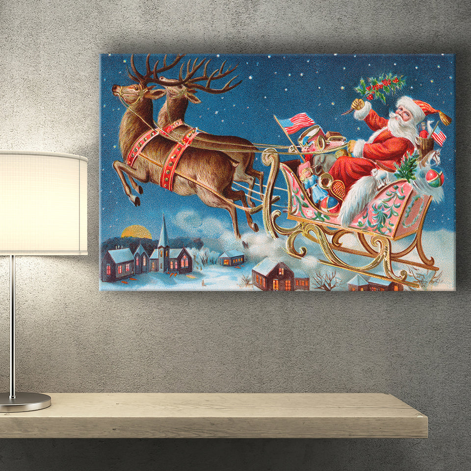 Deer Christmas Sledge Santa Claus Holidays Xmas Canvas Prints Wall Art - Painting Canvas, Home Wall Decor, For Sale, Canvas Gift