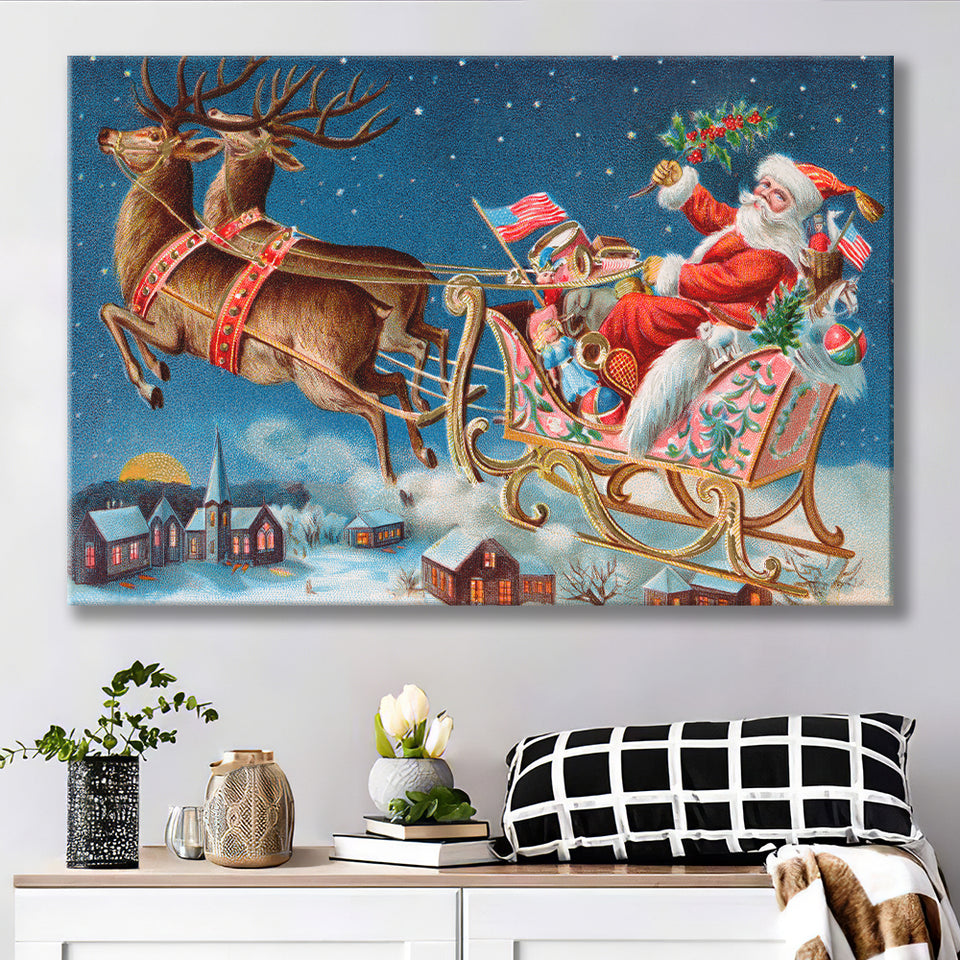 Deer Christmas Sledge Santa Claus Holidays Xmas Canvas Prints Wall Art - Painting Canvas, Home Wall Decor, For Sale, Canvas Gift