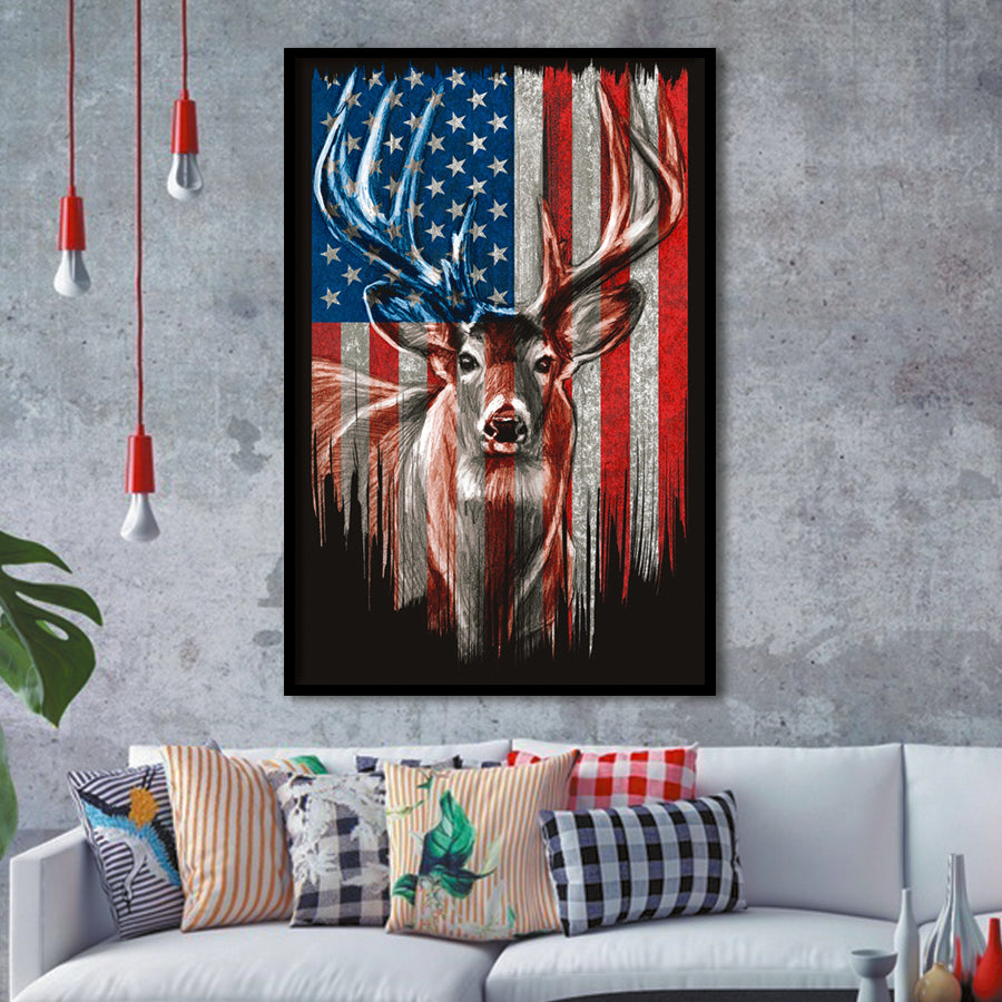 Deer Flag Usa Framed Art Prints Wall Decor - Painting Prints, Wall Art, Framed Picture, For Sale