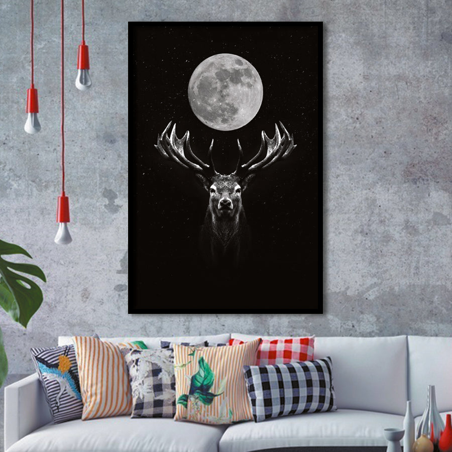 Deer Head And Moon Black White Framed Art Prints Wall Decor - Painting Prints, Wall Art, Framed Picture, For Sale