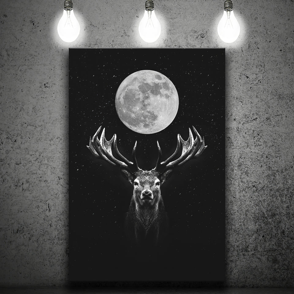Deer Head And Moon Black White Canvas Prints Wall Art - Painting Canvas, Home Wall Decor, Painting Prints, For Sale