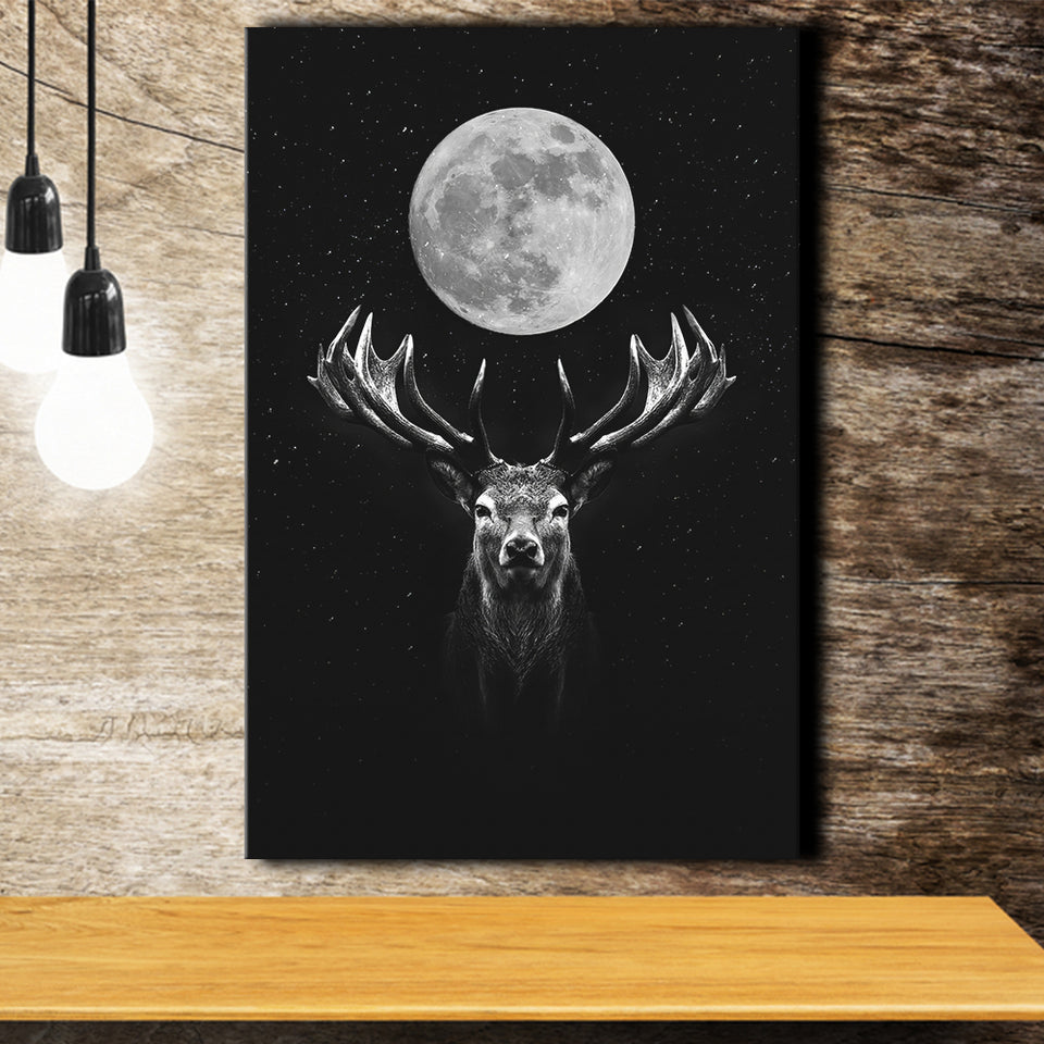 Deer Head And Moon Black White Canvas Prints Wall Art - Painting Canvas, Home Wall Decor, Painting Prints, For Sale
