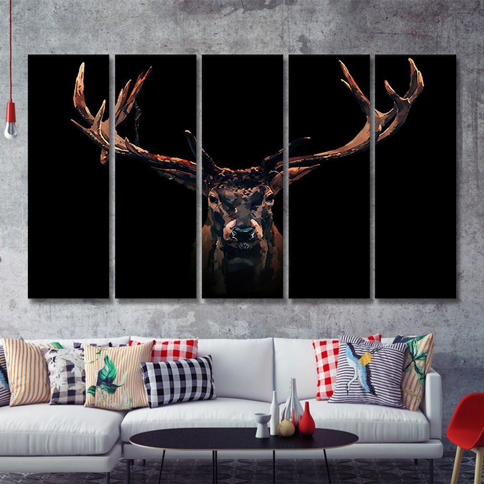 Deer Stag Head Black Wild Animal 5 Pieces B Canvas Prints Wall Art - Painting Canvas,Wall Decor, Multi Panel,5 Panels