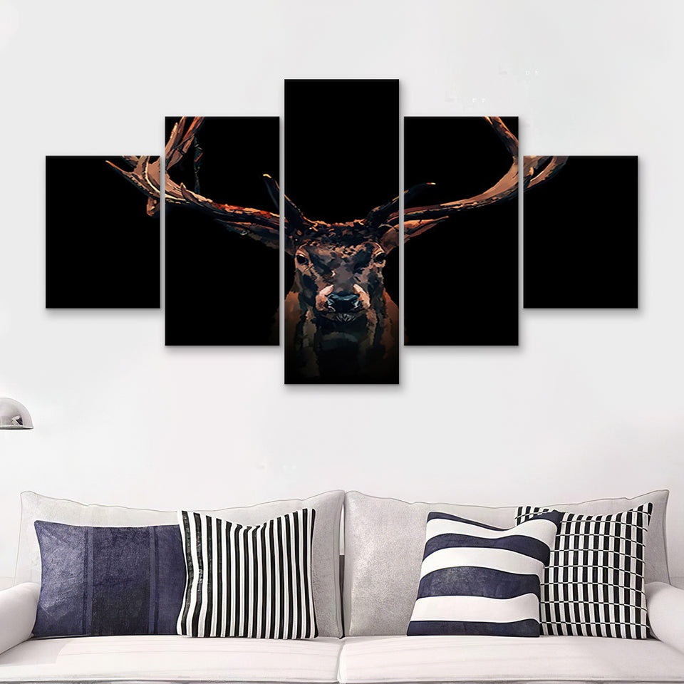Deer Stag Head Black Wild Animal 5 Pieces Canvas Prints Wall Art - Painting Canvas,Wall Decor, Multi Panel,5 Panels