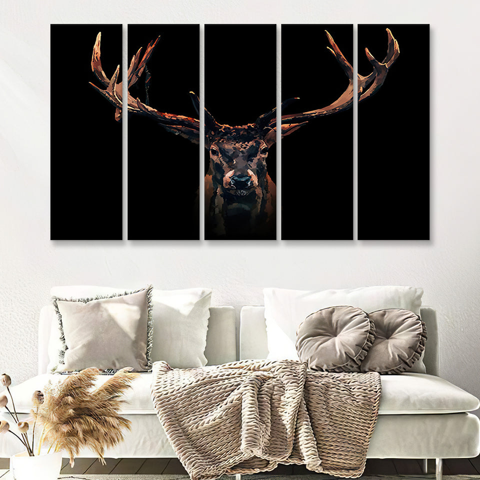 Deer Stag Head Black Wild Animal 5 Pieces B Canvas Prints Wall Art - Painting Canvas,Wall Decor, Multi Panel,5 Panels