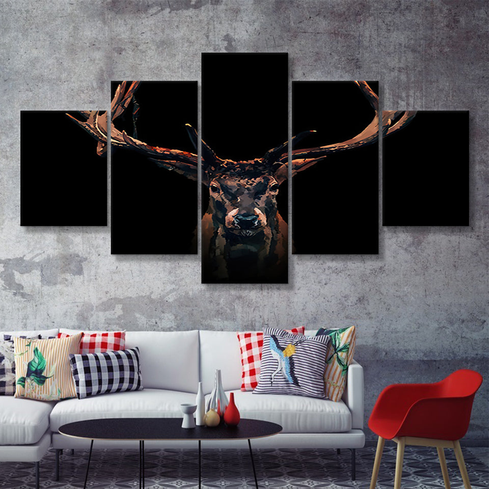 Deer Stag Head Black Wild Animal 5 Pieces Canvas Prints Wall Art - Painting Canvas,Wall Decor, Multi Panel,5 Panels
