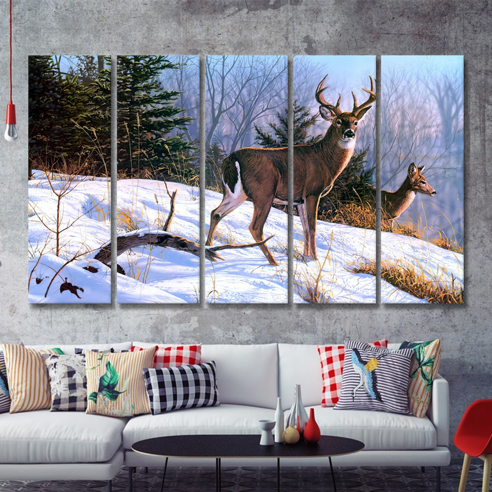 Deer And Snow Art 5 Pieces B Canvas Prints Wall Art - Painting Canvas,Wall Decor, Multi Panel,5 Panels