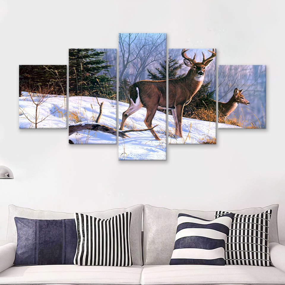 Deer And Snow Art 5 Pieces Canvas Prints Wall Art - Painting Canvas,Wall Decor, Multi Panel,5 Panels