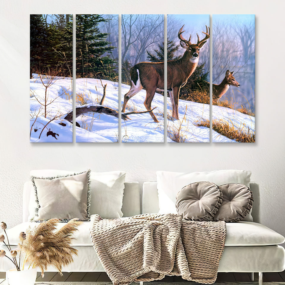Deer And Snow Art 5 Pieces B Canvas Prints Wall Art - Painting Canvas,Wall Decor, Multi Panel,5 Panels