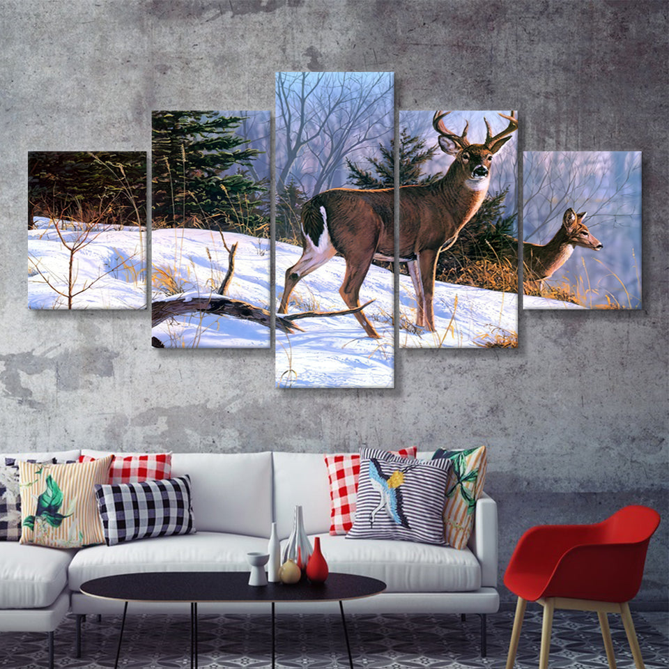 Deer And Snow Art 5 Pieces Canvas Prints Wall Art - Painting Canvas,Wall Decor, Multi Panel,5 Panels