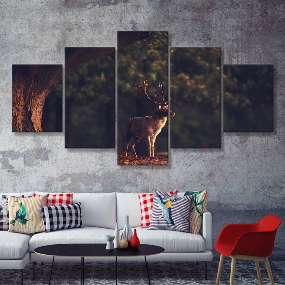 Deer In Forest 5 Pieces Canvas Prints Wall Art - Painting Canvas,Wall Decor, Multi Panel,5 Panels