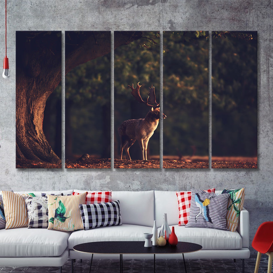 Deer In Forest 5 Pieces B Canvas Prints Wall Art - Painting Canvas,Wall Decor, Multi Panel,5 Panels
