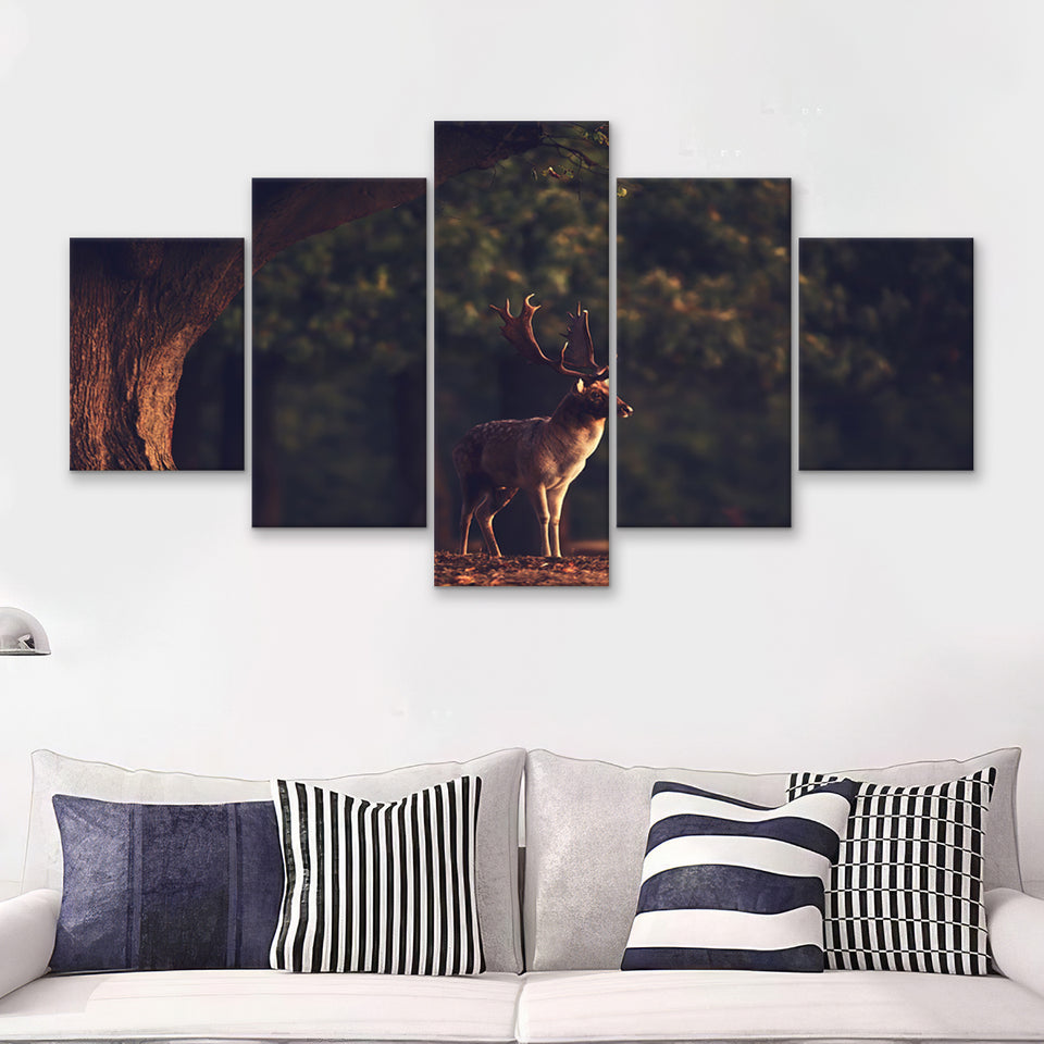Deer In Forest 5 Pieces Canvas Prints Wall Art - Painting Canvas,Wall Decor, Multi Panel,5 Panels
