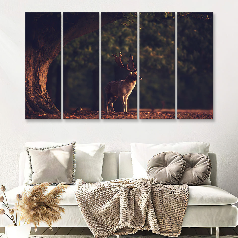 Deer In Forest 5 Pieces B Canvas Prints Wall Art - Painting Canvas,Wall Decor, Multi Panel,5 Panels
