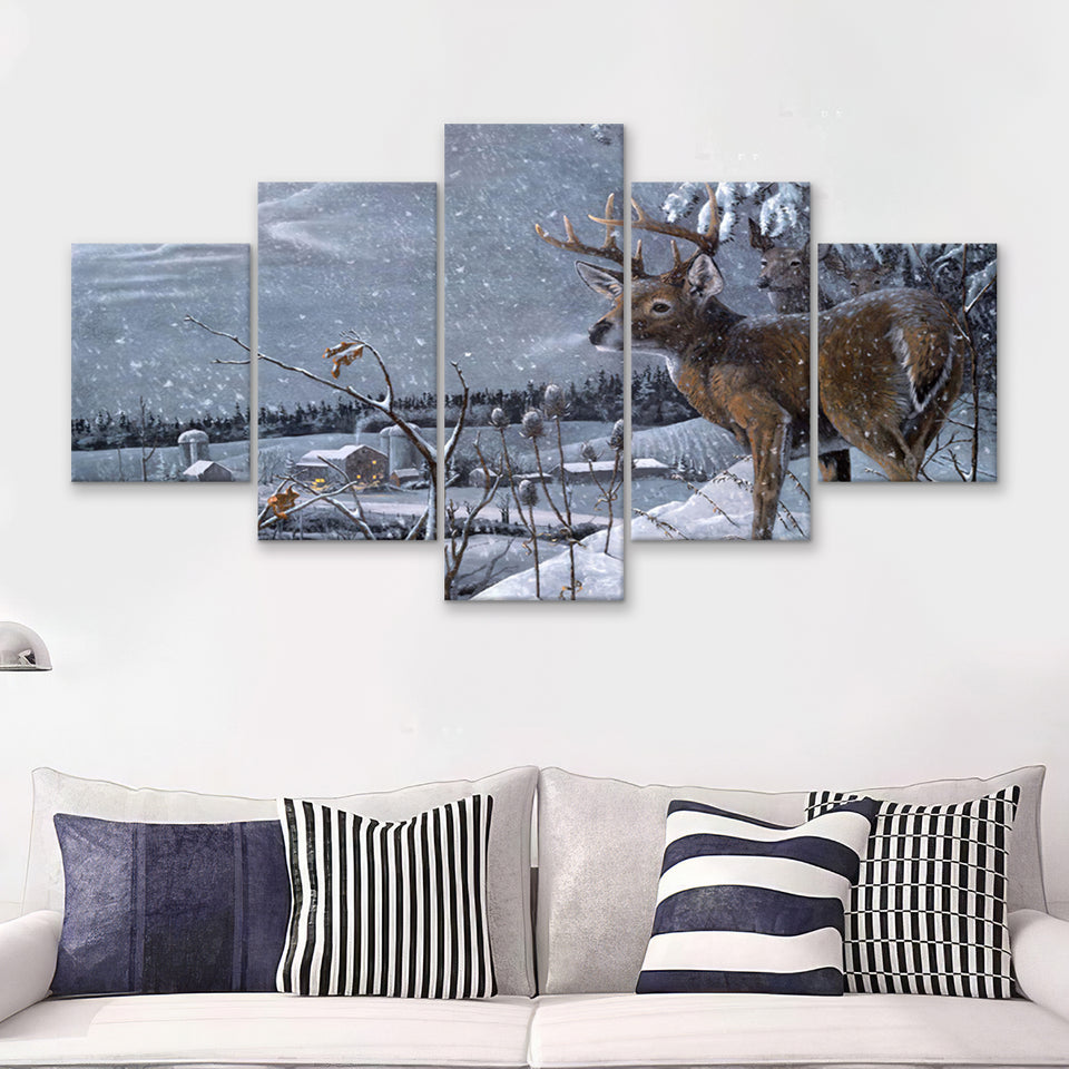 Deer In Snow 5 Pieces Canvas Prints Wall Art - Painting Canvas,Wall Decor, Multi Panel,5 Panels