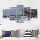 Deer In Snow 5 Pieces Canvas Prints Wall Art - Painting Canvas,Wall Decor, Multi Panel,5 Panels