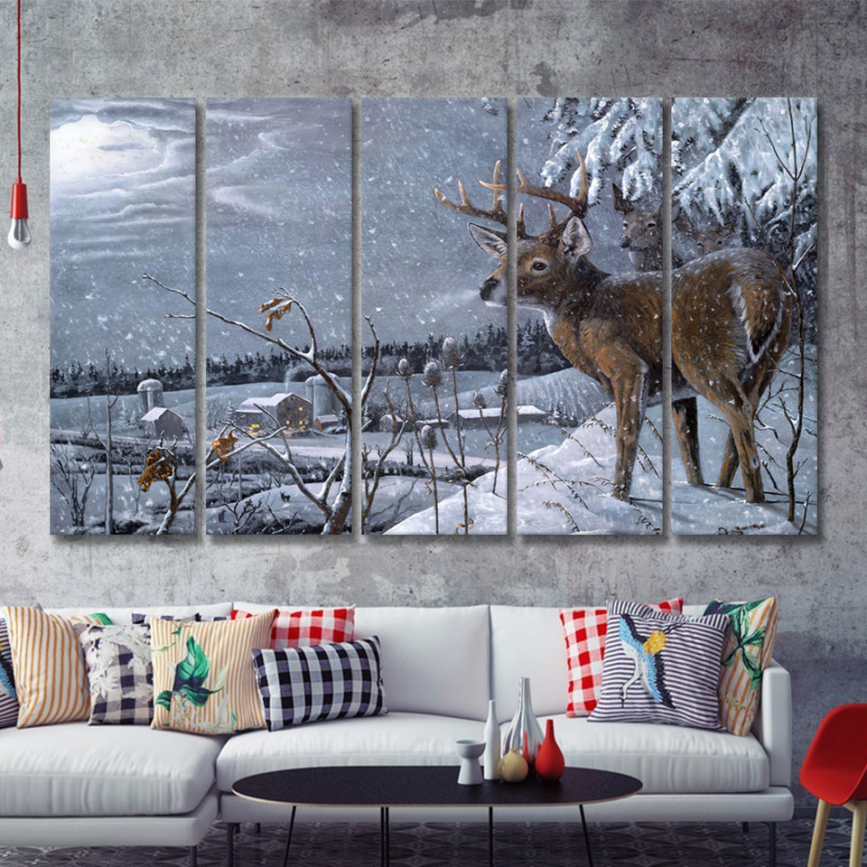 Deer In Snow 5 Pieces B Canvas Prints Wall Art - Painting Canvas,Wall Decor, Multi Panel,5 Panels