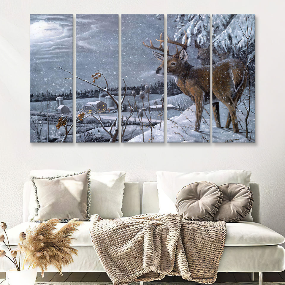 Deer In Snow 5 Pieces B Canvas Prints Wall Art - Painting Canvas,Wall Decor, Multi Panel,5 Panels