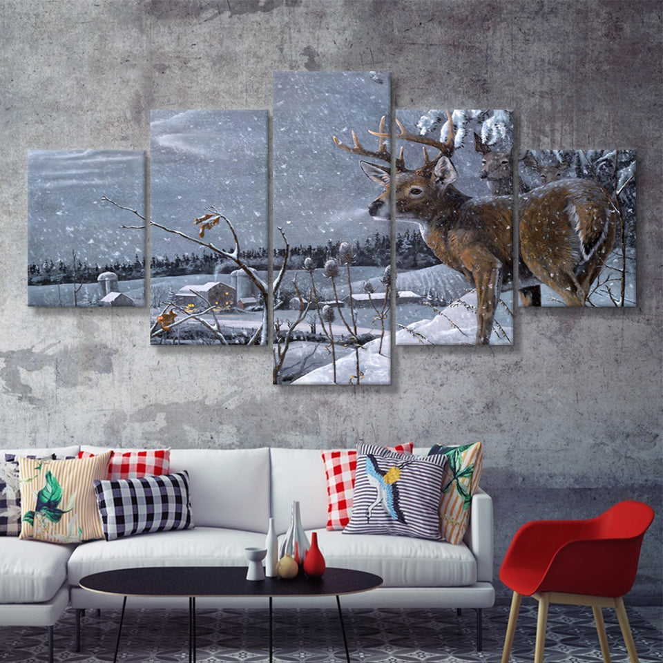 Deer In Snow 5 Pieces Canvas Prints Wall Art - Painting Canvas,Wall Decor, Multi Panel,5 Panels