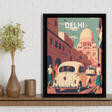 Delhi Retro Art Print, Large Canvas, Framed Canvas Print Wall Art Home Decor, Floating Frame