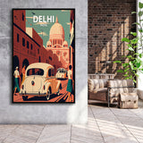 Delhi Retro Art Print, Large Canvas, Framed Canvas Print Wall Art Home Decor, Floating Frame