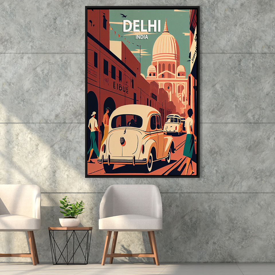 Delhi Retro Art Print, Large Canvas, Framed Canvas Print Wall Art Home Decor, Floating Frame