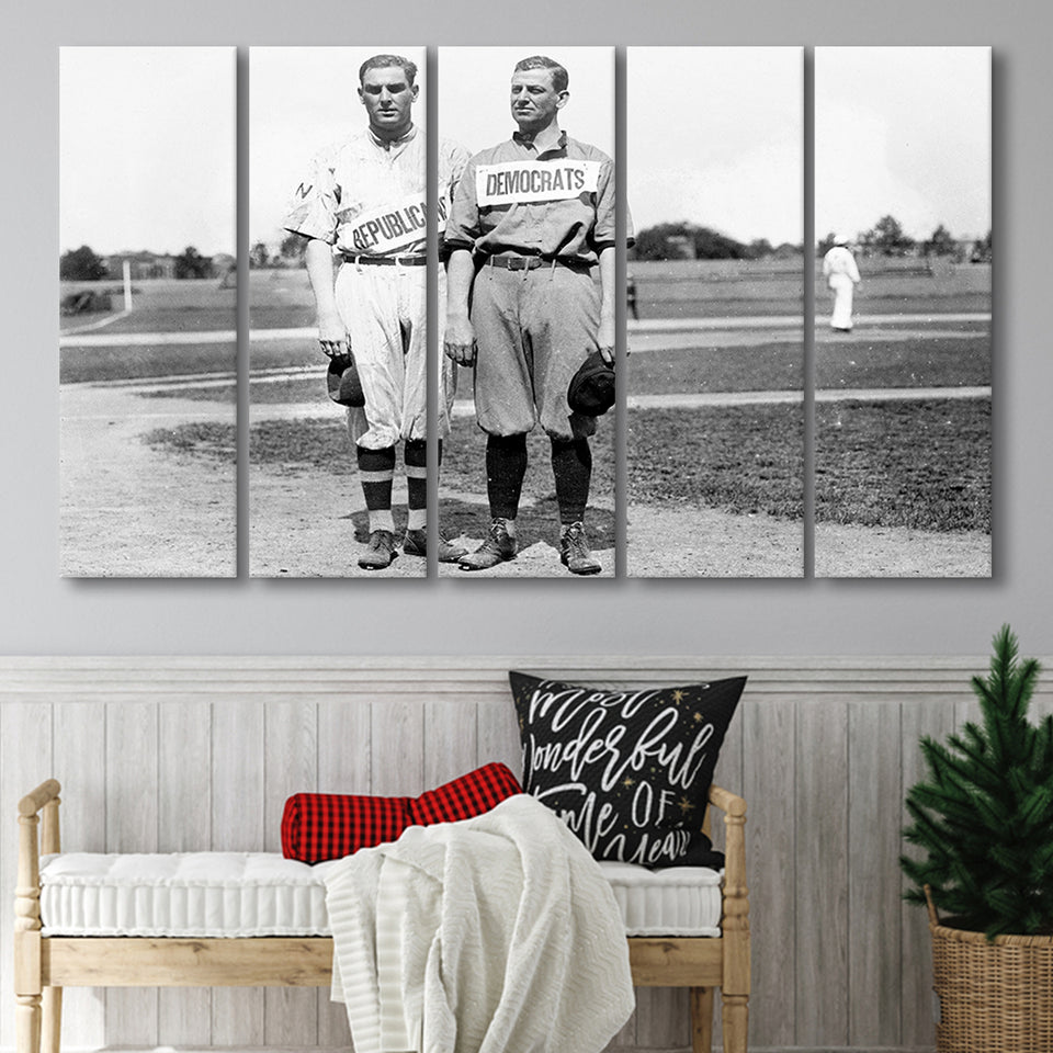Democrats Vs Republicans Black And White Print, Political Baseball Larger Canvas Art, 5 Piece Canvas Prints Wall Art Decor