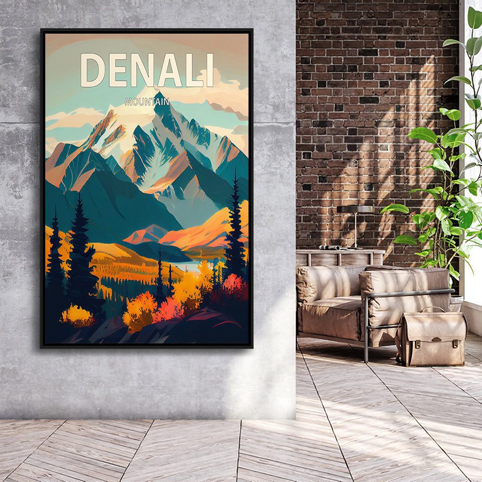 Denali Mountain Retro Art Print, Large Canvas, Framed Canvas Print Wall Art Home Decor, Floating Frame