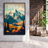Denali Mountain Retro Art Print, Large Canvas, Framed Canvas Print Wall Art Home Decor, Floating Frame