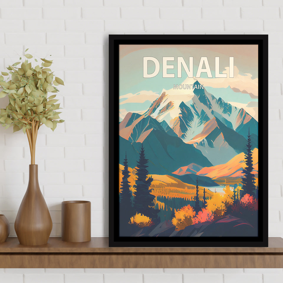 Denali Mountain Retro Art Print, Large Canvas, Framed Canvas Print Wall Art Home Decor, Floating Frame
