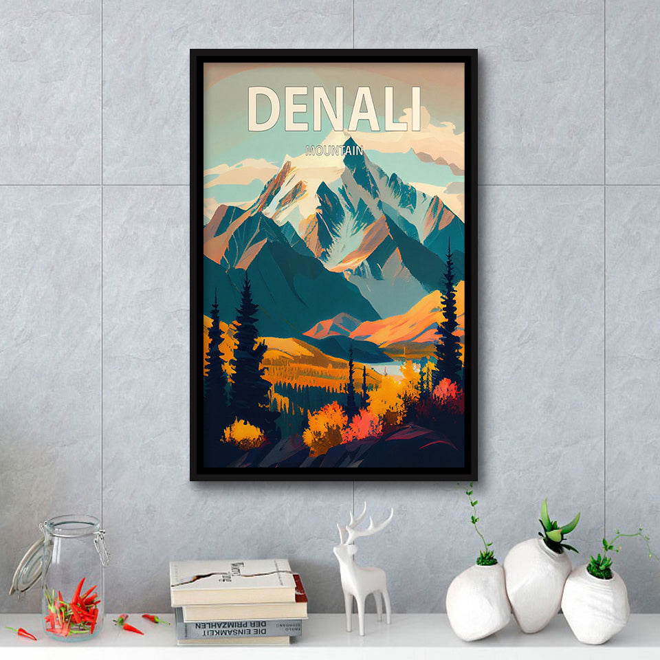 Denali Mountain Retro Art Print, Large Canvas, Framed Canvas Print Wall Art Home Decor, Floating Frame