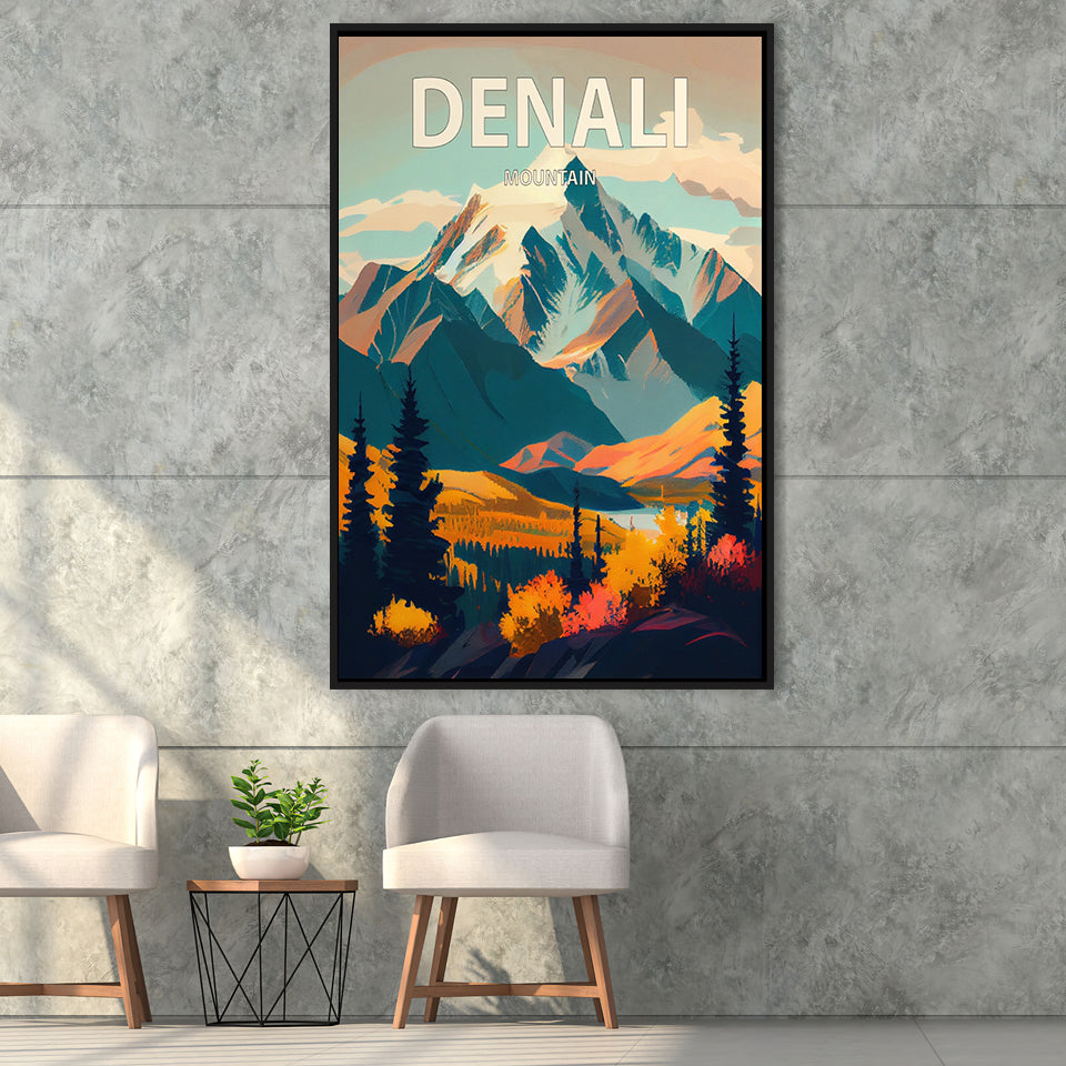 Denali Mountain Retro Art Print, Large Canvas, Framed Canvas Print Wall Art Home Decor, Floating Frame