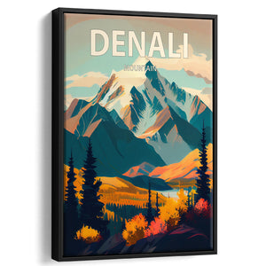 Denali Mountain Retro Art Print, Large Canvas, Framed Canvas Print Wall Art Home Decor, Floating Frame