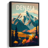 Denali Mountain Retro Art Print, Large Canvas, Framed Canvas Print Wall Art Home Decor, Floating Frame