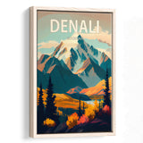 Denali Mountain Retro Art Print, Large Canvas, Framed Canvas Print Wall Art Home Decor, Floating Frame