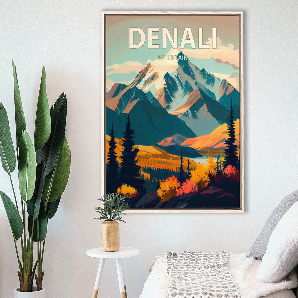 Denali Mountain Retro Art Print, Large Canvas, Framed Canvas Print Wall Art Home Decor, Floating Frame