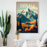 Denali Mountain Retro Art Print, Large Canvas, Framed Canvas Print Wall Art Home Decor, Floating Frame