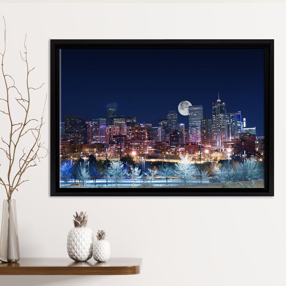 Denver Skyline West Side Night in Colorado Framed Canvas Prints Wall Art - Painting Canvas, Wall Decor, Home Decor
