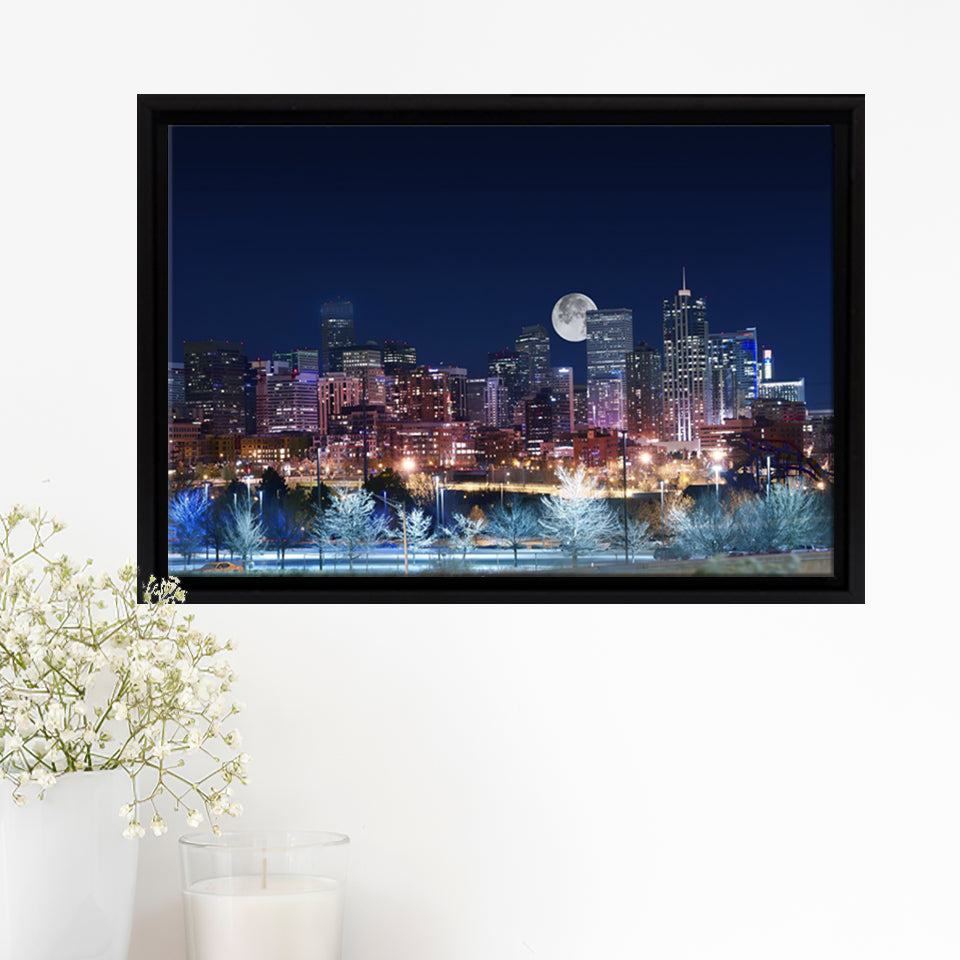 Denver Skyline West Side Night in Colorado Framed Canvas Prints Wall Art - Painting Canvas, Wall Decor, Home Decor