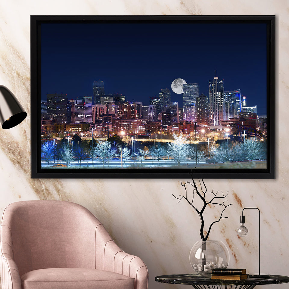Denver Skyline West Side Night in Colorado Framed Canvas Prints Wall Art - Painting Canvas, Wall Decor, Home Decor