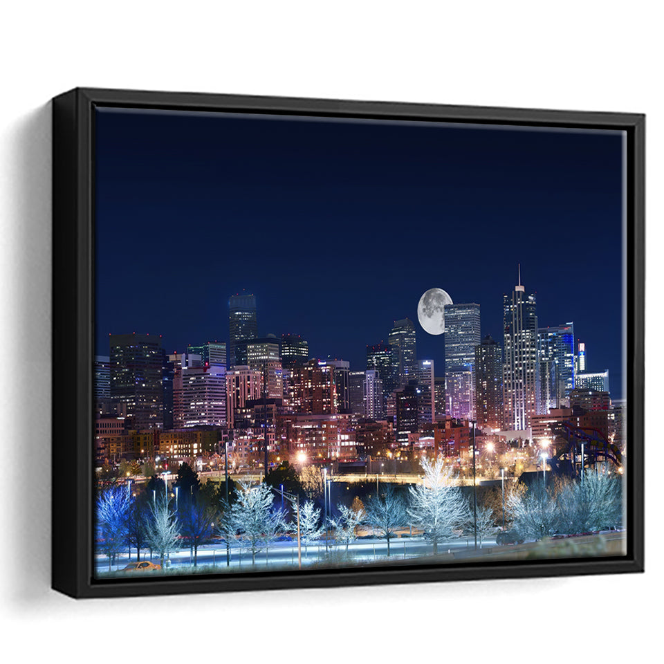 Denver Skyline West Side Night in Colorado Framed Canvas Prints Wall Art - Painting Canvas, Wall Decor, Home Decor