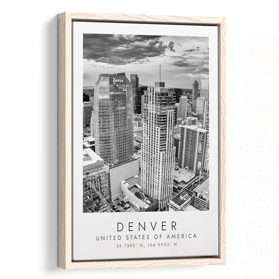 Denver Usa Black And White Art Framed Canvas Prints Wall Art Home Decor, Floating Frame