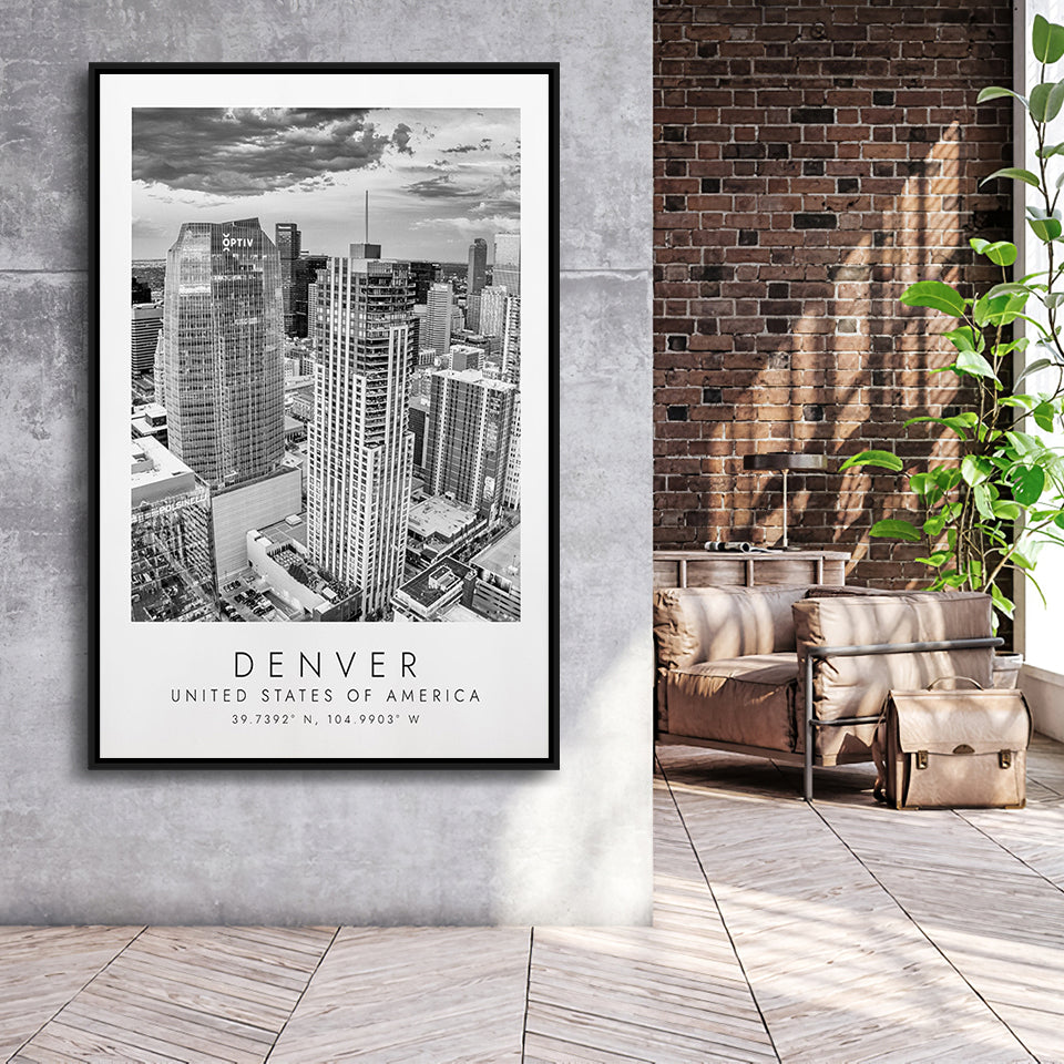 Denver Usa Black And White Art Framed Canvas Prints Wall Art Home Decor, Floating Frame