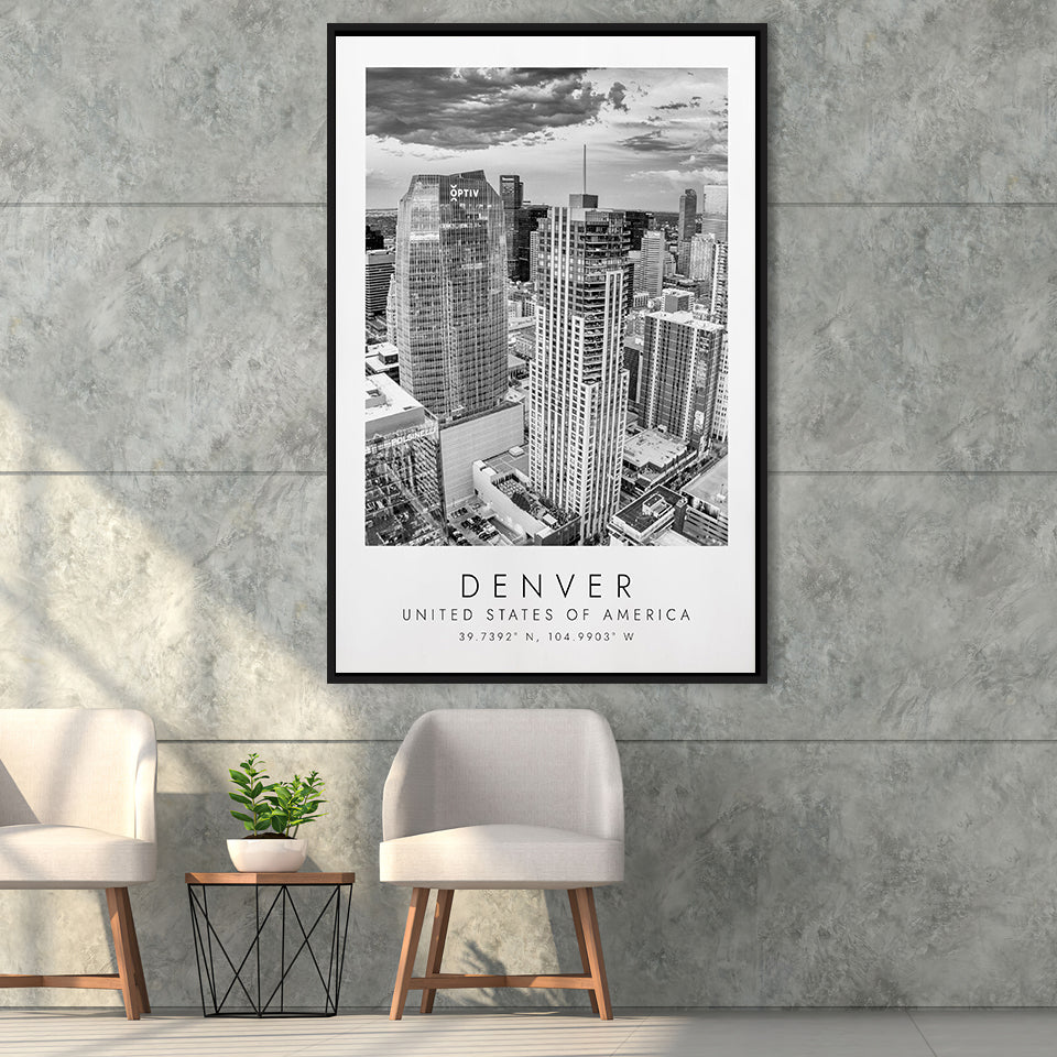 Denver Usa Black And White Art Framed Canvas Prints Wall Art Home Decor, Floating Frame