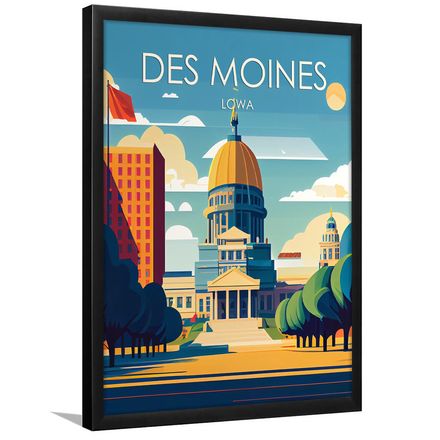 Des Moines Iowa Retro Art Print, City Art Print, Framed Art Print Wall Art Home Decor, Framed Picture