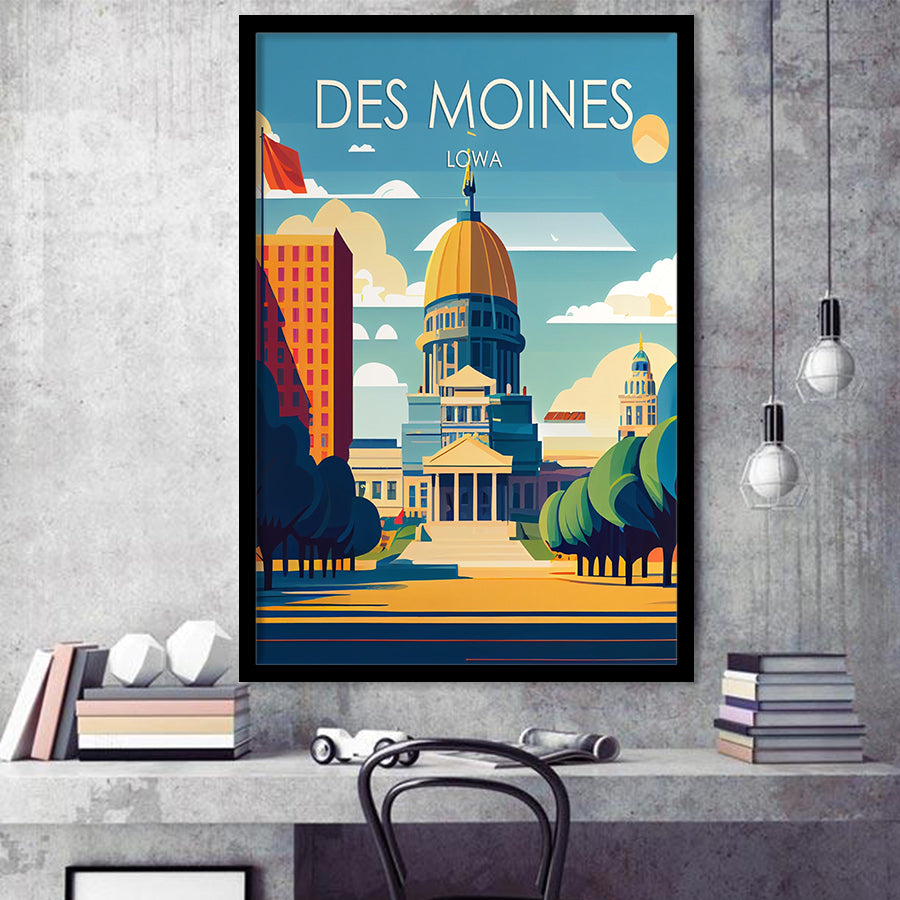 Des Moines Iowa Retro Art Print, City Art Print, Framed Art Print Wall Art Home Decor, Framed Picture